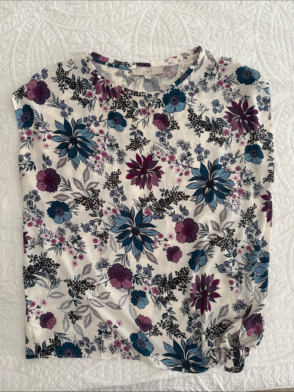 LOFT White Sleeveless Floral Blouse with Blue & Purple Blooms